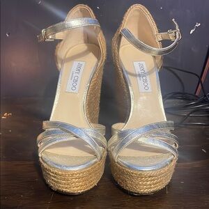 Jimmy Choo Metallic Silver and Tan Wedges